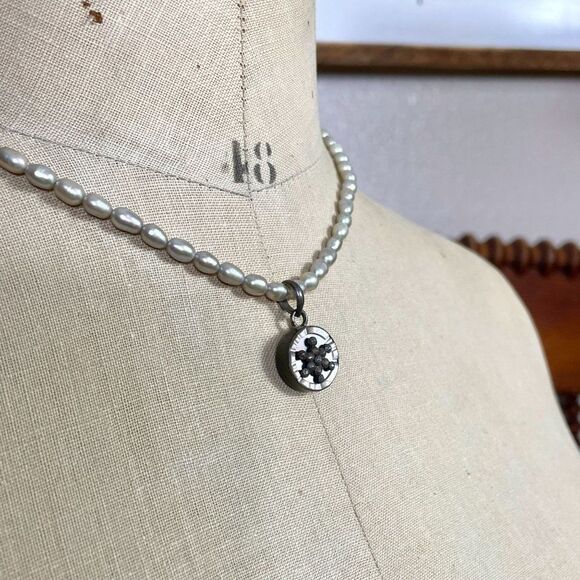 Vintage Sterling Silver Gray Potato Pearl 17" Necklace Faceted Star Abalone 925 - Picture 7 of 10